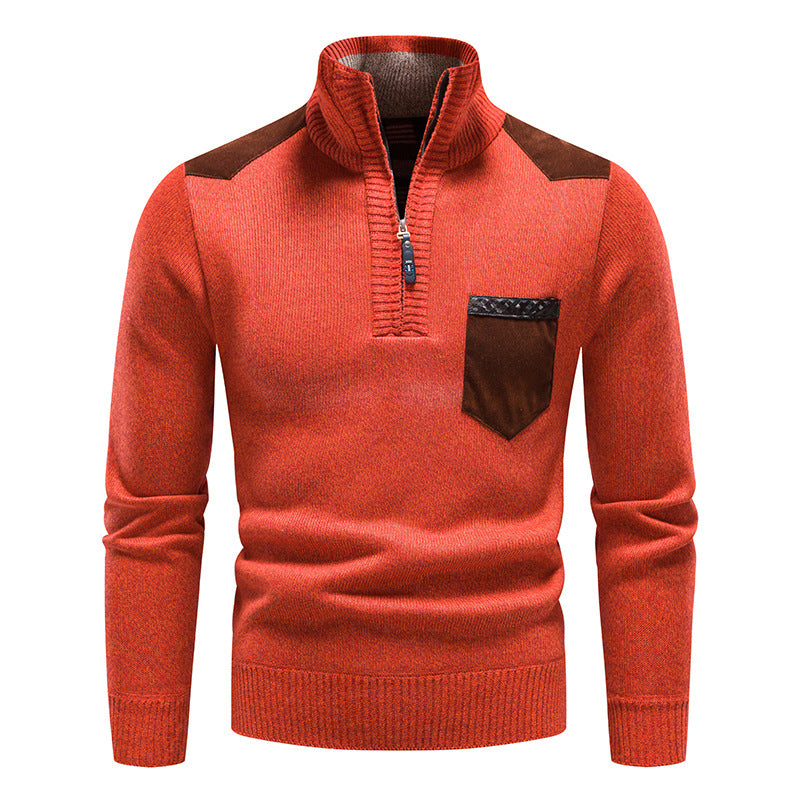 Autumn and Winter fleece-lined thickened pullover men's semi-high collar sweater men's knitted sweater solid color stitching pullover