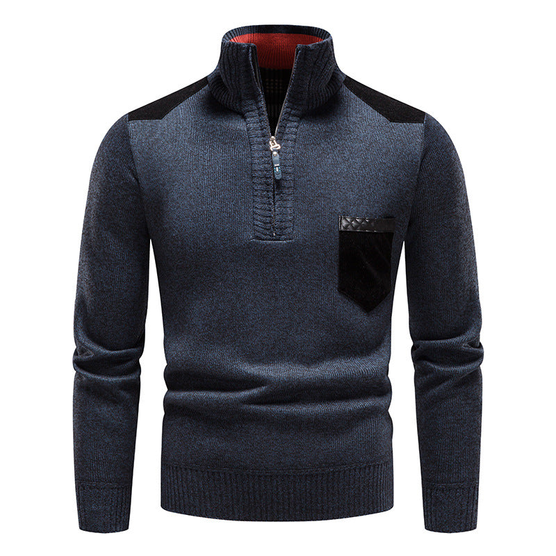 Autumn and Winter fleece-lined thickened pullover men's semi-high collar sweater men's knitted sweater solid color stitching pullover