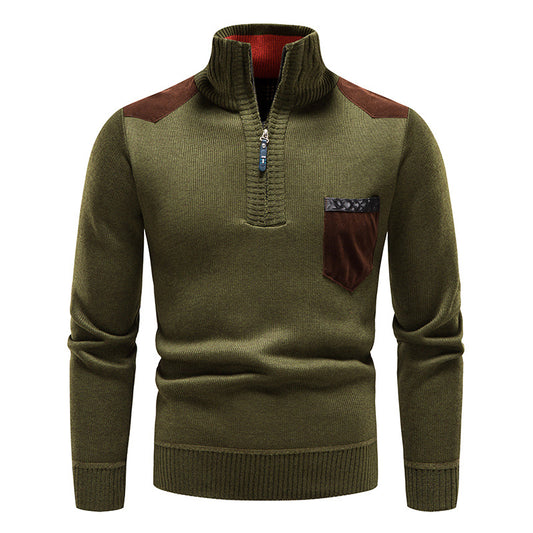 Autumn and Winter fleece-lined thickened pullover men's semi-high collar sweater men's knitted sweater solid color stitching pullover