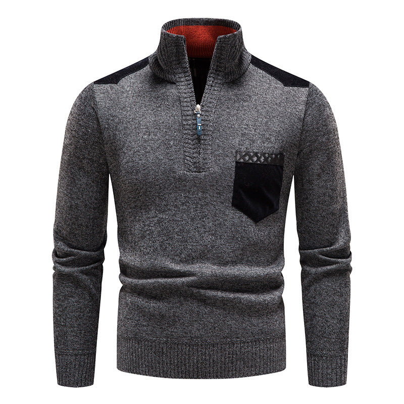 Autumn and Winter fleece-lined thickened pullover men's semi-high collar sweater men's knitted sweater solid color stitching pullover