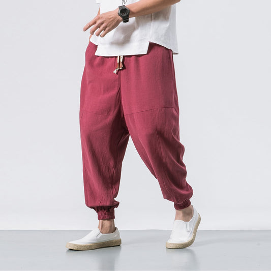 Mens Casual Pants Retro Style Loose Solid Colour