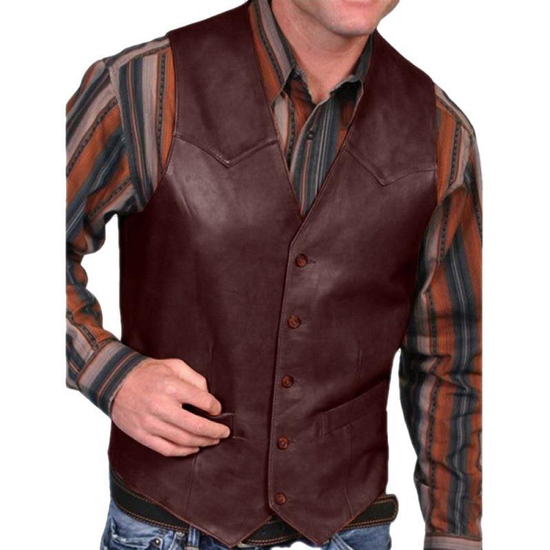 European And American Mens Fashion Single-Breasted Leather Vest Jacket