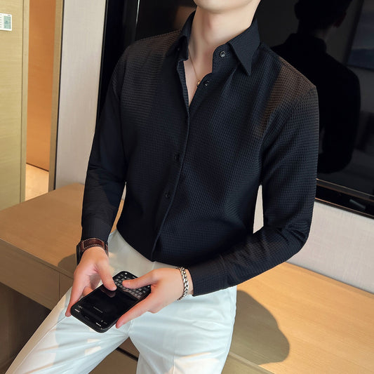 Waffle slim-fit Long Sleeve Shirt (Bussiness Style Casual)